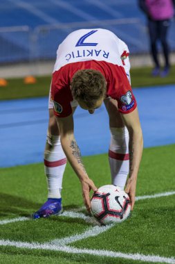 Zagreb, Hırvatistan-21 Mart 2019: UEFA Euro 2020 eleme turu. Hırvatistan vs Azerbaycan. Ivan Rakitic (7) köşe tekme performans
