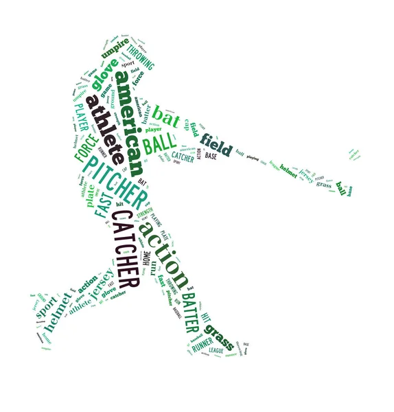Бейсбольный Игрок Бьет Мячу Зеленые Буквы Белом Фоне Слово Облако — стоковое фото