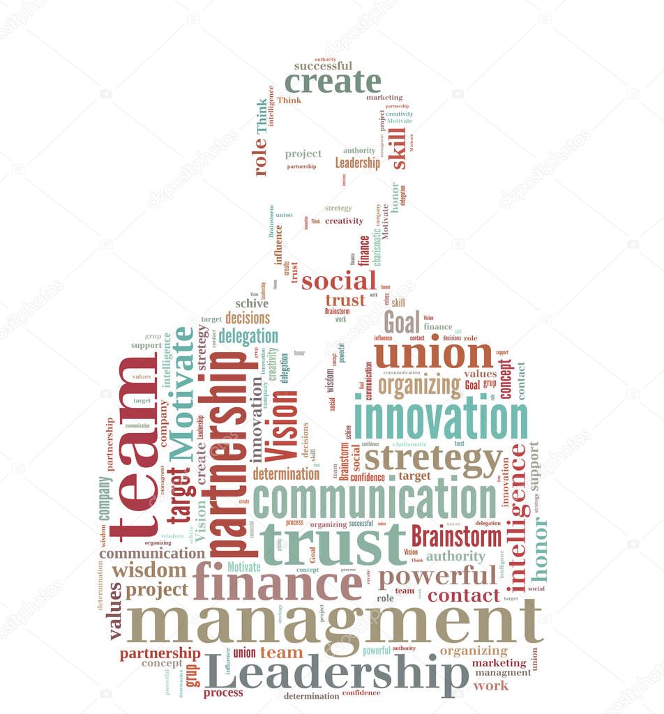 Conceptual  word cloud containing words related to leadership, business, innovation, success in shape of businessman