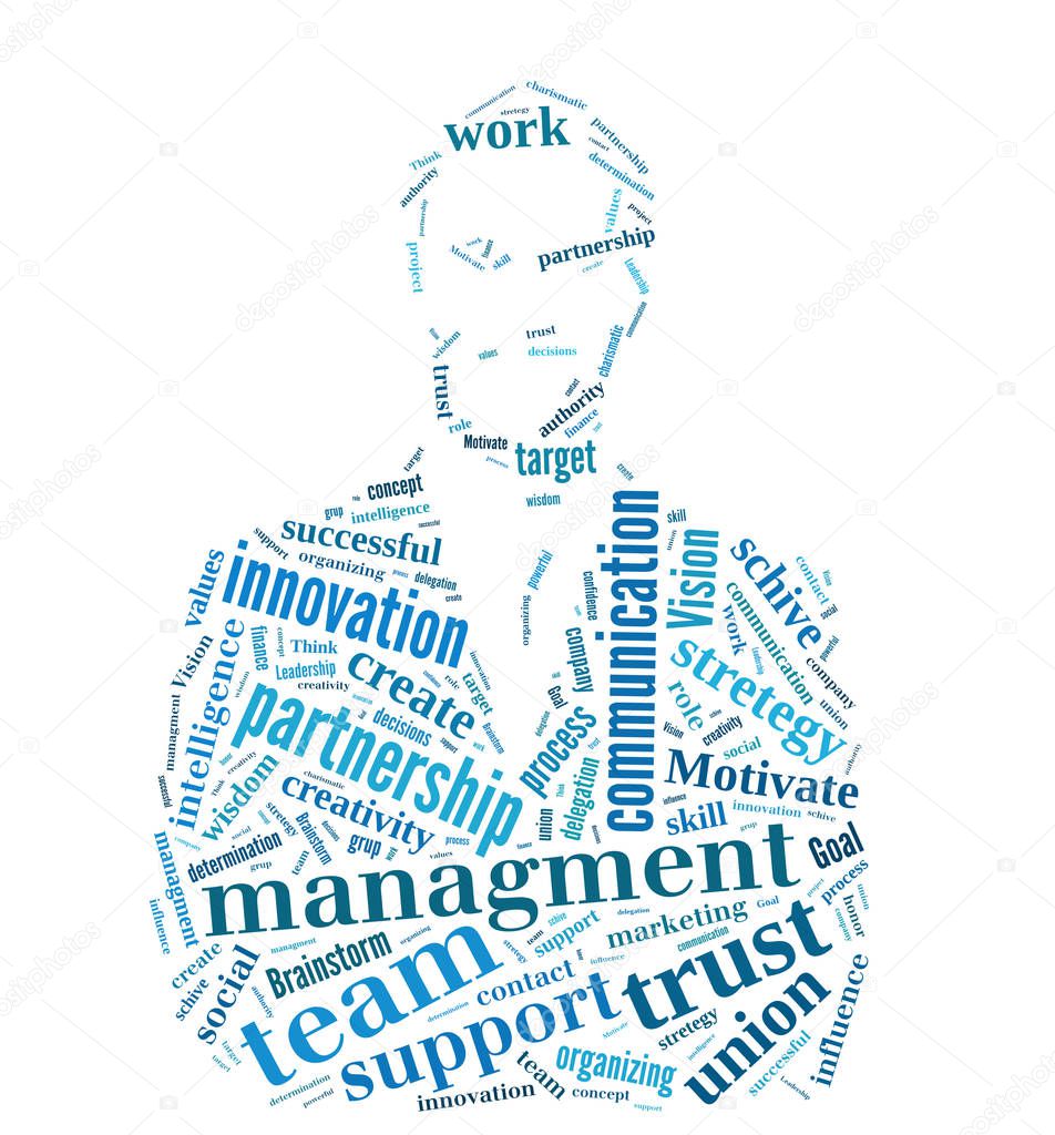 Conceptual  word cloud containing words related to leadership, business, innovation, success in shape of businessman