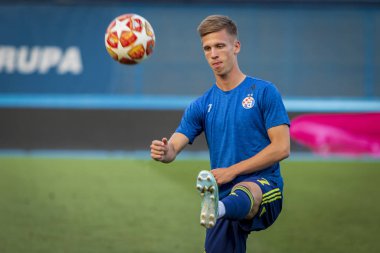 Zagreb, Hırvatistan - 30 Temmuz 2019: Uefa Şampiyonlar Ligi ikinci ön eleme turu, Gnk Dinamo vs. F.C. Saburtalo. Dani Olmo (7) ısınma