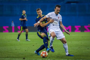 Zagreb, Hırvatistan - 30 Temmuz 2019: Uefa Şampiyonlar Ligi ikinci ön eleme turu, Gnk Dinamo vs. F.C. Saburtalo. Eylem Levan Kakubava (21) ve Mislav Orsic (99))