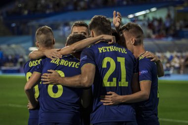 Zagreb, Hırvatistan - 21 Ağustos 2019: Uefa Şampiyonlar Play Off'lar 1. Rosenborg Bk. Oyuncular gol kutluyor