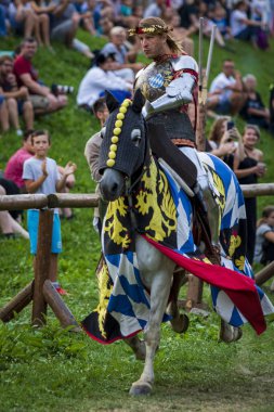 Koprivnica, Hırvatistan - 23 Ağustos 2019: Koprivnica, Hırvatistan'da Rönesans festivali. Avrupa'nın en büyük rönesans festivallerinden biri. Medival Knight atına biniyor 