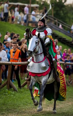 Koprivnica, Hırvatistan - 23 Ağustos 2019: Koprivnica, Hırvatistan'da Rönesans festivali. Avrupa'nın en büyük rönesans festivallerinden biri. Medival Knight atına biniyor 