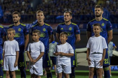 Zagreb, Hırvatistan - 21 Ağustos 2019: Uefa Şampiyonlar Play Off'lar 1. Rosenborg Bk. Petar Stojanovic (30), Dani Olmo (7), İzzet Hayroviç (8), Bruno Petkovic (21)