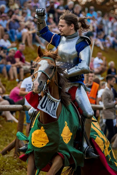 Koprivnica, Hırvatistan - 23 Ağustos 2019: Koprivnica, Hırvatistan'da Rönesans festivali. Avrupa'nın en büyük rönesans festivallerinden biri. Medival Knight ata biniyor
