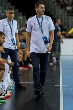 Zagreb, Hırvatistan - 14 Eylül 2019: Ehf man 's Championship League. PD Zagreb, Paris Saint-Germain 'e karşı. Gonzalez Gutierrez Raul (Paris Saint-Germain Antrenörü)