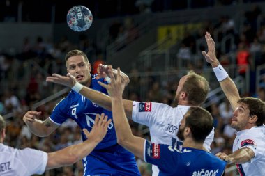 Zagreb, Hırvatistan - 14 Eylül 2019: Ehf man 's Championship League. PD Zagreb, Paris Saint-Germain 'e karşı. Hrastnik Gasper (9))