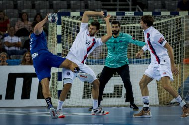 Zagreb, Hırvatistan - 14 Eylül 2019: Ehf man 's Championship League. PD Zagreb, Paris Saint-Germain 'e karşı. Eylemde Sipic Marin (2)