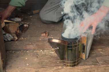 İnsanlar duman ile arılar fumigating için cihaz kindle.