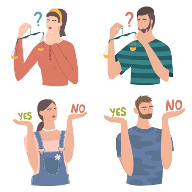 Erkek ve kadın ağırlığı vektör karar konsepti. İnsanlar evet ve hayır arasında karar veriyorlar. Erkek / kadın karar verir, zor karar, ikilem, seçim çözümü.