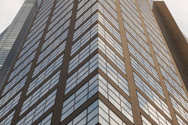 Modern glass skyscraper photographed from a low angled view.