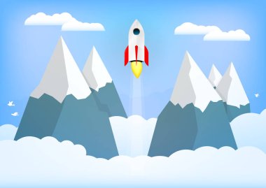 Roket Fırlatma, yatay poster tasarım şablonu, iniş sayfası, başlangıç projesi afişi, vektör illüstrasyonu