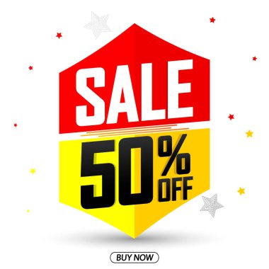 Satış% 50 indirim, indirimli afiş tasarım şablonu, promosyon etiketi, vektör illüstrasyon