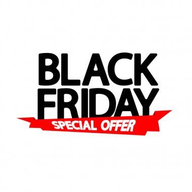 Siyah Cuma satışı, poster tasarım şablonu, özel teklif, kırmızı şerit, vektör illüstrasyon