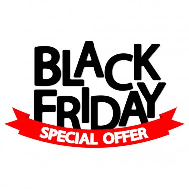 Siyah Cuma satışı, poster tasarım şablonu, özel teklif, kırmızı şerit, vektör illüstrasyon