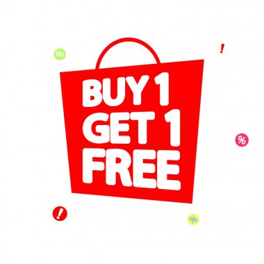 1 Al 1 Bedava, indirimli pankart tasarım şablonu, indirim etiketi, uygulama simgesi, vektör illüstrasyonu