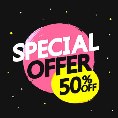Özel teklif, büyük satış afiş tasarım şablonu, 50% kapalı, indirim etiketi, uygulama simgesi, vektör illüstrasyon