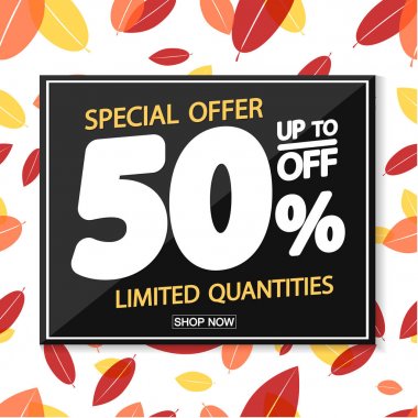 Sonbahar satış 50% kapalı, poster tasarım şablonu, özel teklif, vektör illüstrasyon