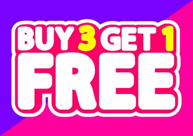 Buy 3 get 1 Free, sale tag, poster design template, discount isolated sticker, vector illustration clipart