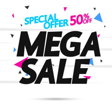 Mega Satış %50'ye varan indirim, poster tasarım şablonu, özel teklif, vektör çizimi