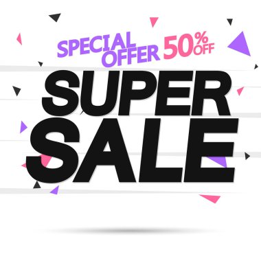 Süper satış kadar 50% kapalı, poster tasarım şablonu, özel teklif, vektör illüstrasyon