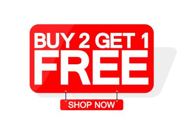 Buy 2 Get 1 Free, satış afiş tasarım şablonu, indirim etiketi, büyük teklif, vektör illüstrasyon