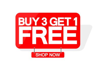 Buy 3 Get 1 Free, satış afiş tasarım şablonu, indirim etiketi, büyük teklif, vektör illüstrasyon