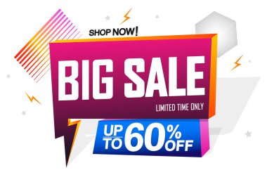 Big Sale, konuşma balonu afiş tasarım şablonu, kadar% 60 indirim, Flash indirim etiketi, vektör illüstrasyon
