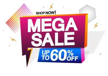 Mega satışları% 50 indirimli, konuşma balonu pankartı tasarım şablonu, indirim etiketi, vektör illüstrasyonu