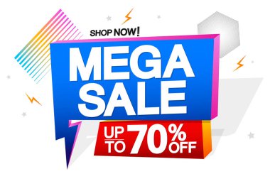 Mega satışları% 50 indirimli, konuşma balonu pankartı tasarım şablonu, indirim etiketi, vektör illüstrasyonu
