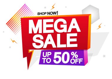 Mega satışları% 50 indirimli, konuşma balonu pankartı tasarım şablonu, indirim etiketi, vektör illüstrasyonu
