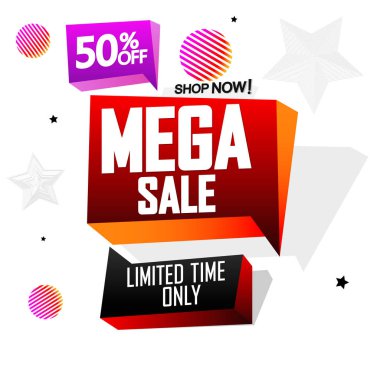 Mega İndirim% 50 indirimli, konuşma balonu pankartı tasarım şablonu, indirim etiketi, vektör illüstrasyonu