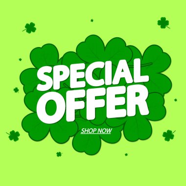Özel Teklif, bayrak tasarım şablonu, indirim etiketi, uygulama simgesi, Patricks Günü, vektör illüstrasyonu