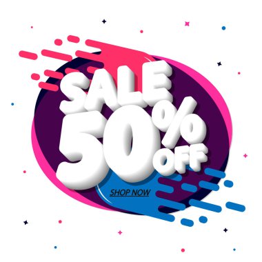 Satış% 50 indirim, afiş tasarım şablonu, indirim etiketi, uygulama simgesi, vektör illüstrasyon
