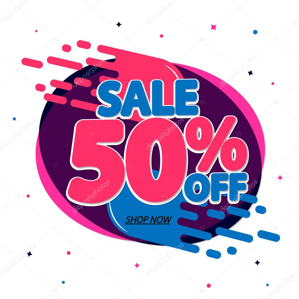 Sale 50% off, banner design template, discount tag, app icon, vector illustration