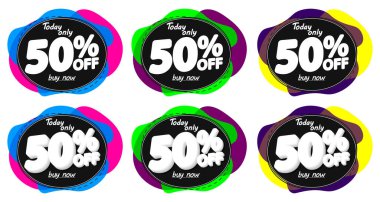 Satışları% 50 indirimli balon pankartlarını, indirim etiketlerini tasarım şablonunu, vektör illüstrasyonunu ayarla