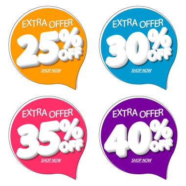 İndirimli konuşma balonu pankartlarını, tasarım şablonlarını, indirim etiketlerini, uygulama simgelerini, vektör illüstrasyonunu ayarla