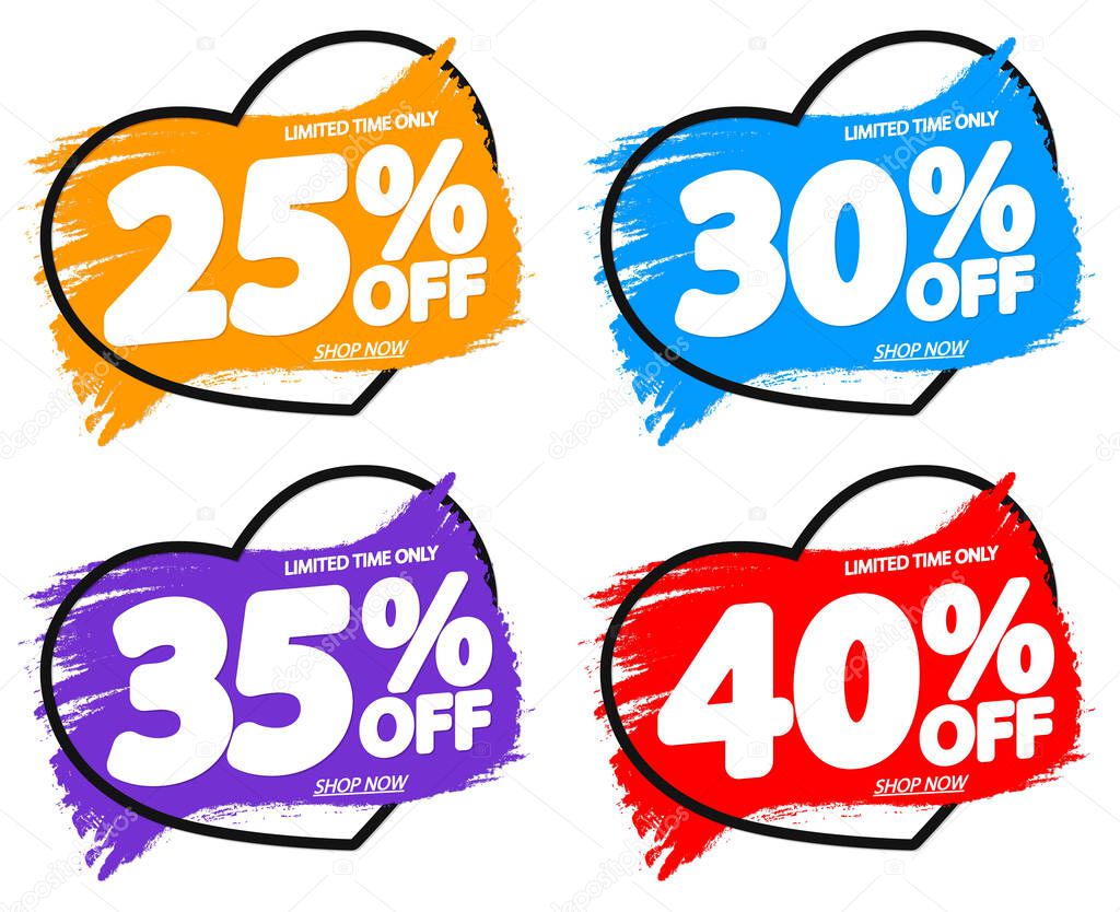 Set Sale banners design template, discount tags, grunge brush, vector illustration