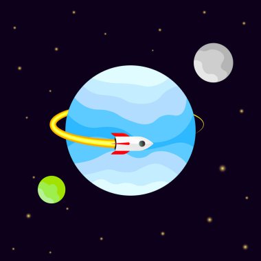 Uzay görevi, poster tasarımı şablonu, bilinmeyen bir gezegenin yörüngesindeki uzay gemisi sinekleri, vektör çizimi