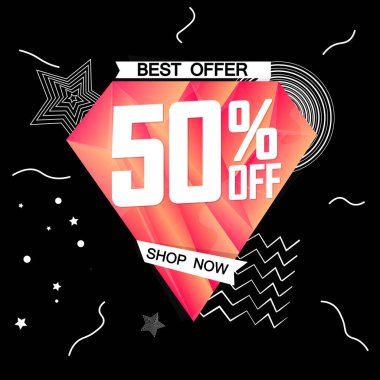 % 50 indirim, pankart tasarım şablonu, indirim etiketi, en iyi teklif, vektör illüstrasyonu
