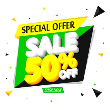 % 50 indirim, pankart tasarım şablonu, indirim etiketi, en iyi teklif, vektör illüstrasyonu
