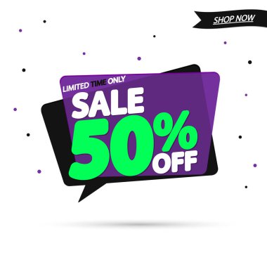 İndirim% 50 indirimli, konuşma balonu afişi, indirimli etiket tasarım şablonu, vektör illüstrasyonu