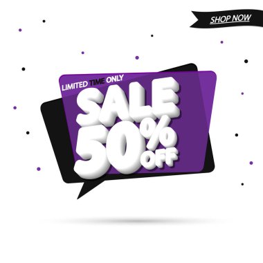 İndirim% 50 indirimli, konuşma balonu afişi, indirimli etiket tasarım şablonu, vektör illüstrasyonu