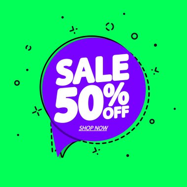İndirim% 50 indirimli, konuşma balonu afişi, indirimli etiket tasarım şablonu, vektör illüstrasyonu