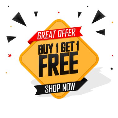 1 Al 1 Bedava, indirimli pankart tasarım şablonu, indirim etiketi, bogo, uygulama simgesi, harcayıp daha fazla kaydet, vektör illüstrasyonu