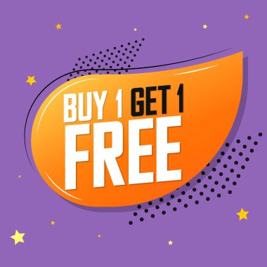 1 Al 1 Bedava, indirimli pankart tasarım şablonu, indirim etiketi, bogo, uygulama simgesi, harcayıp daha fazla kaydet, vektör illüstrasyonu