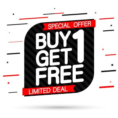 1 Al 1 Bedava, indirimli pankart tasarım şablonu, indirim etiketi, bogo, uygulama simgesi, harcayıp daha fazla kaydet, vektör illüstrasyonu