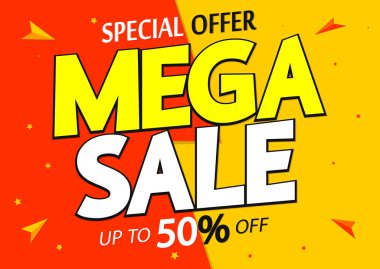 Mega satış% 50 indirimli, poster tasarım şablonu, indirimli bayrak, özel teklif, vektör illüstrasyonu